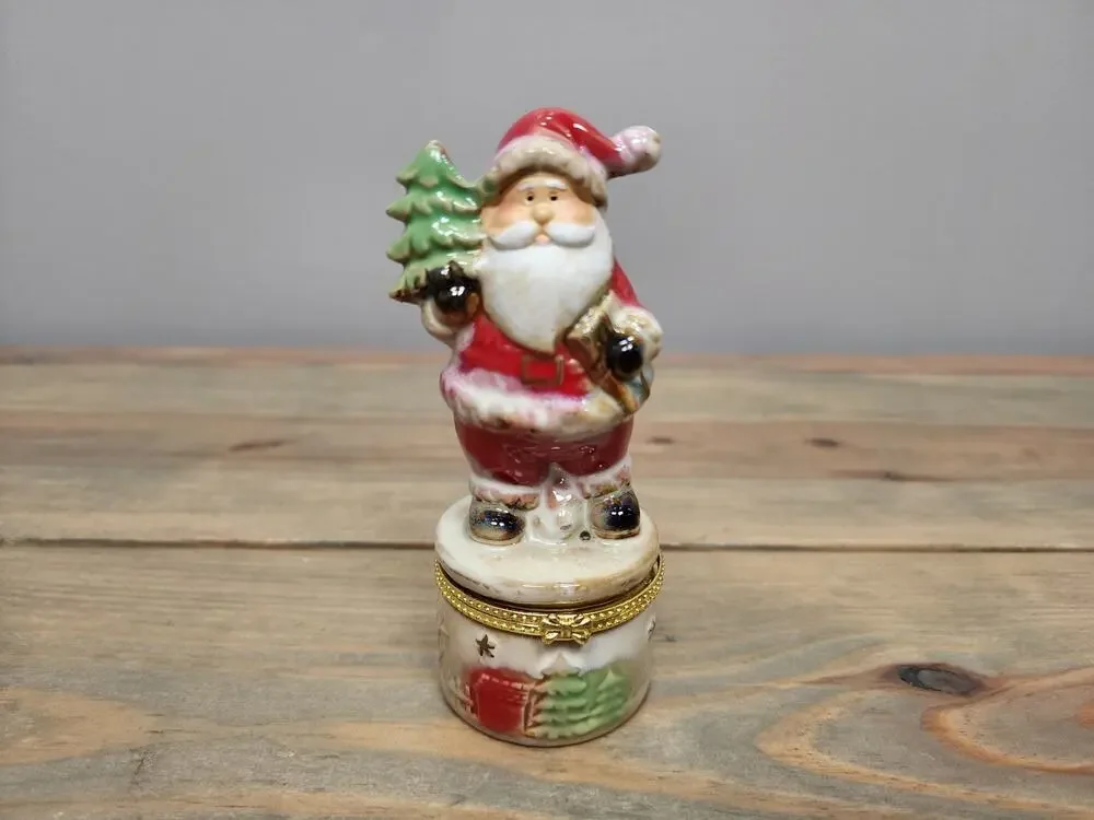 Santa Claus with Tree & Gift Trinket Box Cute Holiday Trinket Box